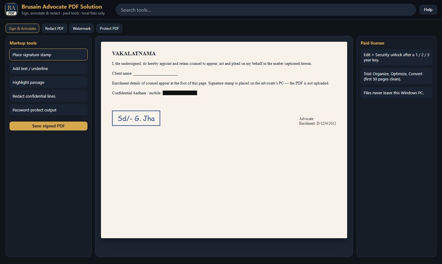 PDF software for advocates sign annotate and redact workspace